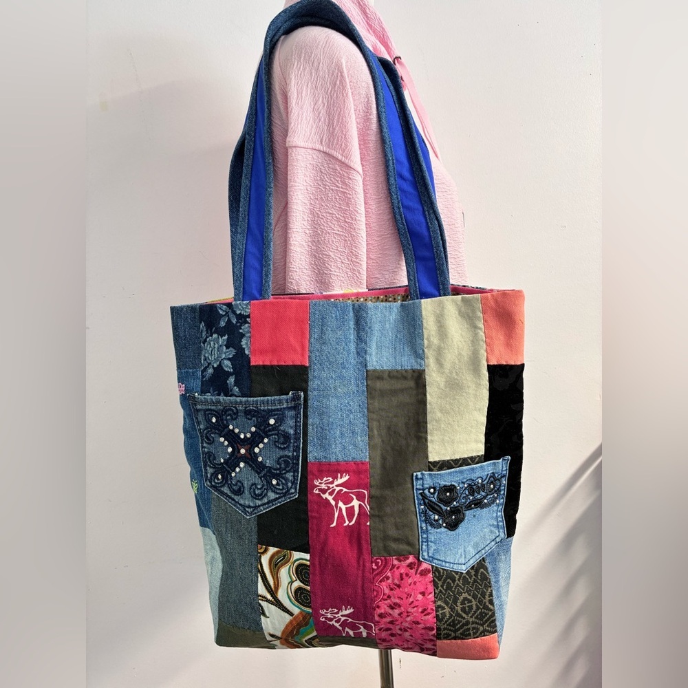 Handmade/Upcycled Shoulder Tote, Multicolored, Handstitched, Lined